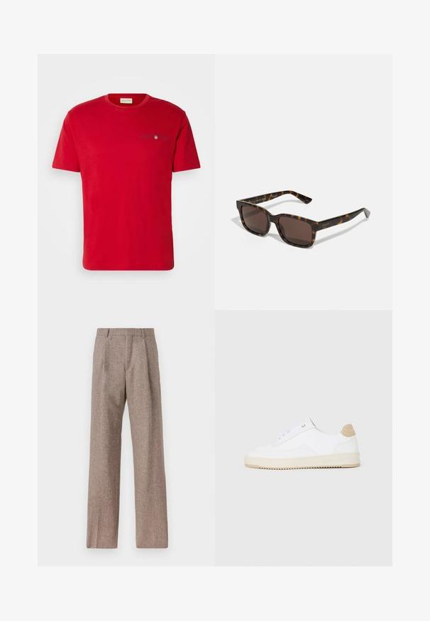 Punane puuvillane t-särk lühikeste varrukatega, ümmarguse kaelusega ja väikese tumesinise logo detailiga rinnal. Sile tekstuur, juhuslik sobivus.; Prunnid, kõrge vöökohaga püksid, mis on valmistatud tekstureeritud kangast. Omavad laiu jalgu ja kahte eesmist voldikut struktuuri jaoks. Korralik viimistlus, ilma nähtava riistvarata.; Valged madala varsaga tennisetooted, mille pealmine on tekstuuriga nahast, kreemja soonikuga tald ja pruuni tooni kand. Omab valgeid paelu ja logodetaile kanna peal.; Gucci prillid ruudukujuliste, kilpkonnakoorest plastmassraamide ja pruunide läätsedega. Omavad diskreetset brändingut templitel.