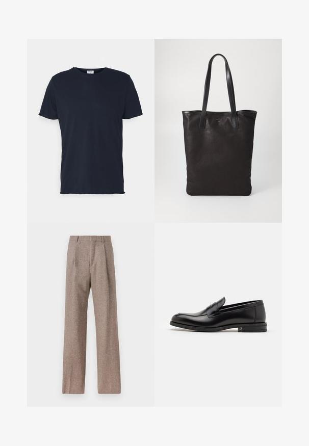 Tengerészkék pamut póló, kerek nyakkivágással és rövid ujjal, sima textúrával és egyszerű dizájnnal, látható minták vagy díszítések nélkül.; Barna, magas derekú nadrág texturált anyagból. Széles szárai és két elülső redője biztosítja a struktúrát. Ízléses kivitel, látható fémszerelés nélkül.; Fekete bőr loaferek sima textúrával, kerek orral és dekoratív pánttal a vampnál. Alacsony, rétegelt sarkú, minimalista dizájn.; Fekete vászontáska fekete bőr füllel. Egyszerű dizájn, tágas test és sima textúra. Nincsenek látható logók vagy minták.
