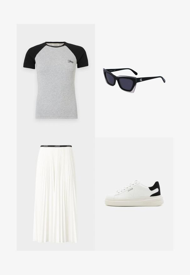 Koszulka T-shirt z krótkim rękawem w stylu raglan, z szarym korpusem i czarnymi rękawami; ma prążkowaną fakturę oraz małe haftowane logo na piersi.; Plisowana biała spódnica z czarnym elastycznym pasem z logo "LACOSTE". Średniej długości, o miękkiej teksturze.; Białe skórzane sneakersy z grubą białą podeszwą, czarnym zamszowym akcentem na pięcie oraz wytłoczonym logotypem z boku. Projekt z sznurówkami i sześcioma dziurkami.; Czarne, oversize okulary przeciwsłoneczne o geometrycznym kształcie, z ciemnymi soczewkami i kontrastującym szarym detalem na oprawie. Logo na ramieniu.