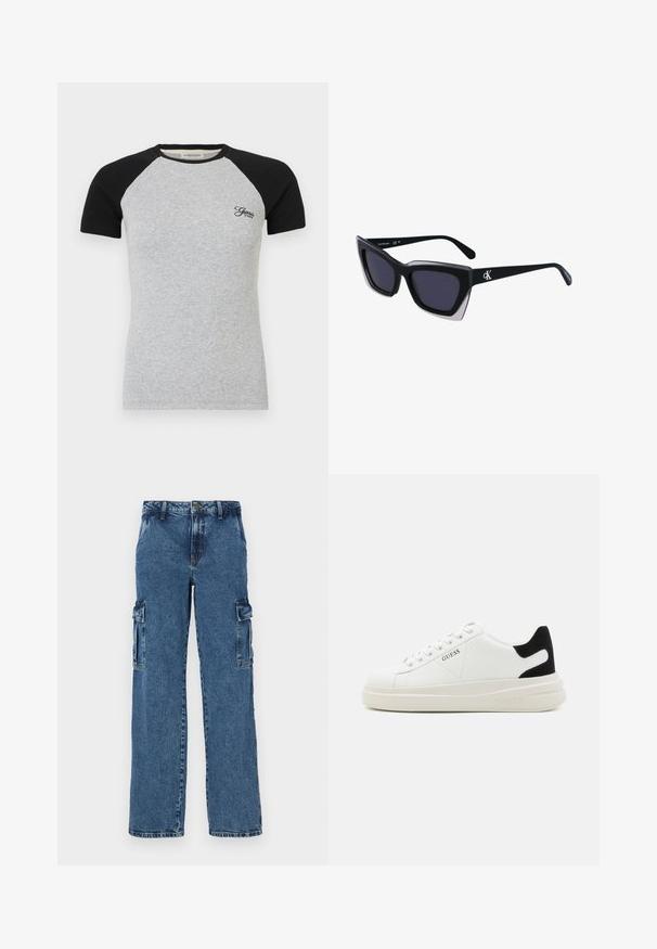 Raglan t-shirt met korte mouwen, met een grijze body en zwarte mouwen; heeft een geribbelde textuur en een klein geborduurd logo op de borst.; Blauwe denim cargo broek met een ontspannen pasvorm, voorzien van twee zijzakken, versterkte stiksels en een recht gesneden ontwerp.; Witte leren sneakers met een dikke witte zool, zwarte suède hielaccent en een geperst logo op de zijkant. Vetersluiting met zes oogjes.; Zwarte oversized zonnebril met een geometrische vorm, voorzien van donkere glazen en een contrasterend grijs detail op het montuur. Logo op de arm.