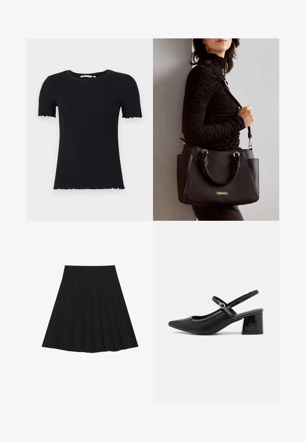 Zwarte t-shirt met korte mouwen van ribstof, met een ronde halslijn en golvende, gekartelde randen op de mouwen en de onderkant.; Zwarte plisseerok van een gestructureerde stof met een aansluitende tailleband. Valt tot op de knie en heeft een gladde, strakke silhouette.; Zwarte gepolijste leren slingback hakken met een spitse neus, een ronde uitsnede en een blokhak. Voorzien van een gouden gespaccent.; Zwarte handtas met gestructureerd oppervlak, dubbele bovenhandvatten en verstelbare schouderriem. Voorzien van goudkleurige hardware en zijzakken.