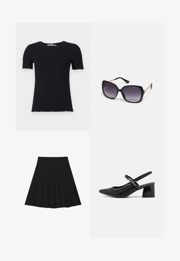 Black short-sleeve t-shirt made of ribbed fabric, featuring a rounded neckline and wavy scalloped edges on sleeves and hem.; Black pleated skirt made of textured fabric with a fitted waistband. Falls to knee length, featuring a smooth, clean silhouette.; Black patent leather slingback heels with a pointed toe, a rounded cutout design, and a block heel. Features a gold-tone buckle accent.; Black oversized sunglasses with gradient lenses, thick frames, and gold-tone chain detailing on the temple arms.; Black tote bag made of synthetic material, featuring simple rectangular design, gold square accents, and double handles.