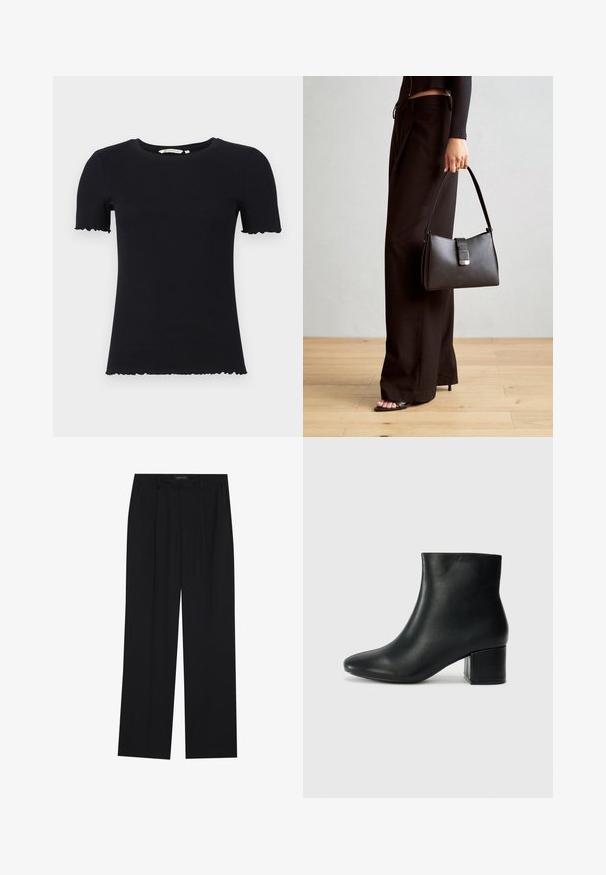 Tricou negru cu mânecă scurtă, realizat dintr-un material piaptănat, cu un gât rotunjit și margini ondulate pe mâneci și tiv.; Pantaloni negri cu un design drept, dotati cu doua buzunare frontale si un talie. Fabricati dintr-un material usor si neted.; Cizme negre din piele până la gleznă, cu vârf ascuțit și toc robust. Textură netedă, cu accente minime și un design elegant, ajustat.; Genți negre cu o formă structurată, textură netedă și un închizător metalic. Asortată cu pantaloni negri largi și sandale cu vârf deschis pe un podea din lemn.
