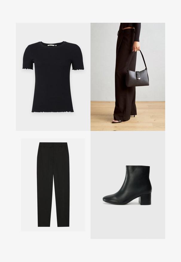 T-shirt preto de manga curta feito de tecido canelado, com um decote arredondado e bordas onduladas nas mangas e na bainha.; Calças pretas com um design ajustado, apresentando bolsos laterais e pernas retas. Feitas de um tecido suave e leve com um acabamento elegante.; Botas de tornozelo em pele preta com bico pontiagudo e um salto robusto. Textura suave com acentos mínimos e um design ajustado e elegante.; Bolsa preta com forma estruturada, textura suave e um fecho metálico. Combinada com calças largas pretas e sandálias de salto aberto sobre um chão de madeira.