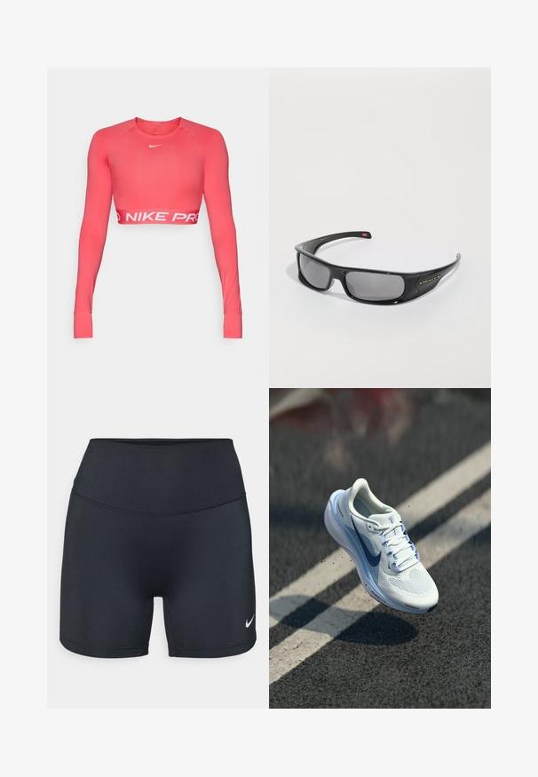 Długi rękaw crop top Nike Pro w jasnym koralowym kolorze, wykonany z elastycznego materiału. Posiada okrągły dekolt i białe logo "NIKE PRO" na dole.; Czarne spodenki sportowe Nike wykonane z gładkiego materiału, z wysokim stanem i logo umieszczonym w dolnym lewym rogu.; Białe buty sportowe z przewiewną siateczką i niebieskimi akcentami. Posiadają amortyzowaną podeszwę i płaskie sznurowadła. Na śródpodeszwie widnieje logo "Air Zoom".; Czarne okulary przeciwsłoneczne Oakley z zakrzywionymi ramionami i ciemnymi prostokątnymi soczewkami na białym tle.