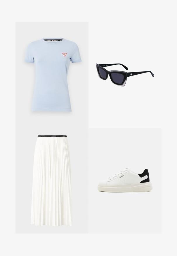 Svetlo modra bombažna majica s kratkimi rokavi. Ima rdeč trikotni logotip na levem prsnem delu in črno natisnjeno oznako znotraj ovratnika.; Gubasta bela krila z črnim elastičnim pasom, ki nosi logotip "LACOSTE". Srednje dolga zasnova z mehkobo tkanine.; Bele usnjene športne copate z debelim belim podplatom, črnimi semišnimi detajli na peti in utisnjenim logotipom na strani. Zavezovanje s šestimi luknjicami.; Črne prevelike sončne očala geometrijske oblike, z temnimi lečami in kontrastno sivo podrobnostjo na okvirju. Logo na ročaju.
