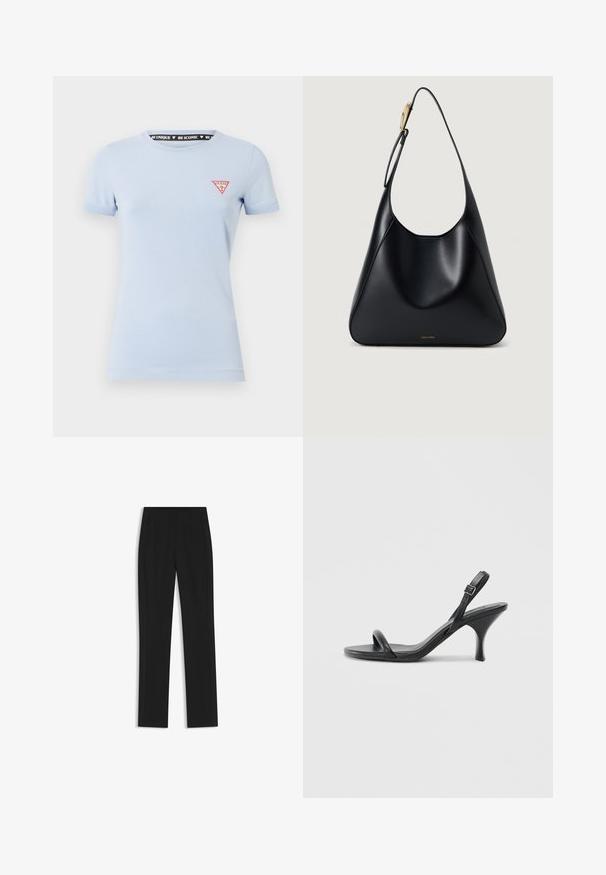Jasnoniebieski bawełniany T-shirt z krótkim rękawem. Posiada czerwony trójkątny logotyp po lewej stronie klatki piersiowej oraz czarną metkę nadrukowaną wewnątrz dekoltu.; Czarne spodnie o dopasowanym kroju z prostymi nogawkami, z przednimi kieszeniami i gładką, teksturowaną tkaniną. Schludne, minimalistyczne wykończenie.; Czarne skórzane sandały na wysokim obcasie z cienkim, zakrzywionym obcasem i skrzyżowanym wzorem pasków. Regulowany pasek na kostkę. Gładka faktura.; Czarna skórzana torebka na ramię o gładkiej teksturze, zaokrąglonym kształcie i złotych akcentach. Posiada wytłoczone logo marki na dole.