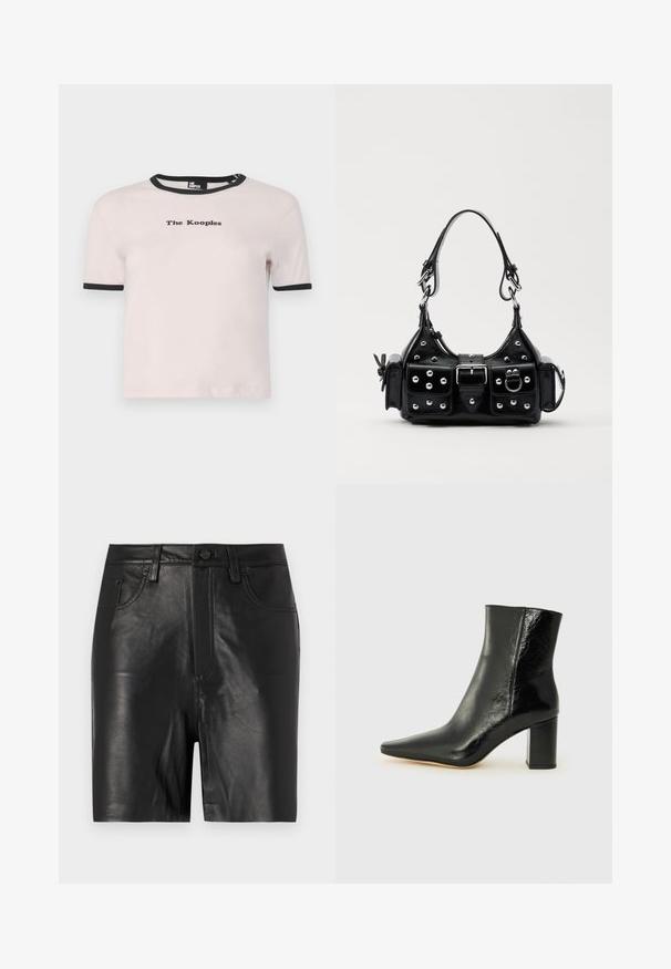 T-shirt rosa claro de manga curta com decote canelado preto. Apresenta o logótipo "The Kooples" em preto centralizado na parte da frente. Material suave em algodão.; Calças curtas de couro preto com uma textura suave, apresentando um fecho frontal com zíper, fecho de botão e design clássico de cinco bolsos.; Botim preto até ao tornozelo, feito de couro brilhante, com bico apontado e um salto grosso e quadrado. Apresenta uma textura suave e um design minimalista.; Bolsa de couro preta com um design curvado, apresentando tachas prateadas, uma fivela e dois bolsos laterais. Alça ajustável para opções de transporte.
