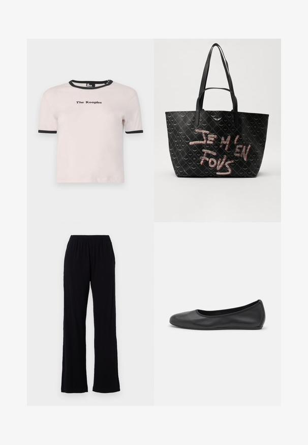 Svetlo roza majica s kratkimi rokavi z črnim rebrastim ovratnikom. Značka "The Kooples" v črni barvi, centrirana spredaj. Mehka bombažna tkanina.; Črne, lahke, elastične hlače z ravnim krojem. Mehka tekstura brez vidnih vzorcev ali dodatkov. Preprost in vsestranski slog.; Črne usnjene balerinke z zaobljenim nosom, gladko teksturo, minimalnimi šivi in fleksibilno zasnovo podplata.; Črna torba z ramenskimi trakovi, izdelana iz teksturiranega materiala z diamantom vzorcem, ter drznim rdečim in belim besedilom "JE M'EN FOUS."