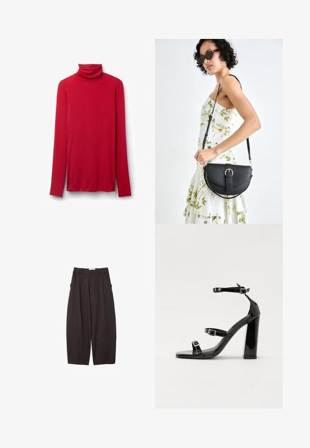 Rød langærmet turtleneck-top lavet af blødt, elastisk stof, med en foldet krave og en afslappet pasform med en lige kant.; Sorte brede bukser lavet af et glat stof, med høj talje, forfaldne folder og sidelommer. Simpelt design uden udsmykninger.; Sorte laklædersandaler med høje hæle, to spænderemme, firkantet tå og en kraftig blokhæl, der har en glat, blank overflade.; Sort læderhåndtaske med en buet form, aftagelig rem og guldfinish. Tasken har en klap med en spænde detalje.