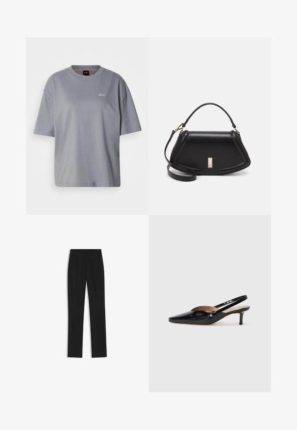 Gray short-sleeve t-shirt, loose-fit design, made of soft cotton, featuring a minimal logo in white on the chest, round neckline, smooth texture.; Black tailored trousers with a straight-leg design, featuring front pockets and a smooth, textured fabric. Neat, minimal detailing.; Black patent leather slingback pump with a pointed toe, small heel, and a cutout design on the vamp. Gold-tone hardware accent on the side.; Black leather handbag with a structured design, featuring a cropped shape, top handle, and gold hardware accent. Adjustable shoulder strap included.