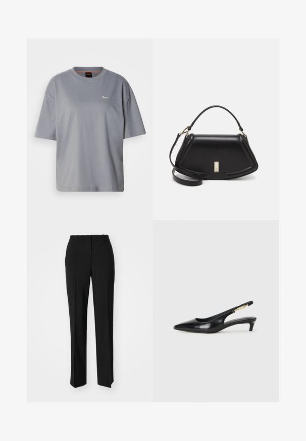 Grå kortærmet t-shirt, løs pasform, lavet af blødt bomuld, med et minimalistisk logo i hvid på brystet, rund halsudskæring, glat tekstur.; Sorte skræddersyede bukser med lige ben-design, der har en glat tekstur og skarpe folder langs fronten. Ingen synlige hardware.; Sorte læder slingback hæle med spids tå, der har en slank hæl og en guldfarvet detalje på den justerbare rem. Glat tekstur.; Sort læderhåndtaske med en struktureret design, der har en kortet form, tophåndtag og guld hardware-accenter. Justerbar skulderrem inkluderet.