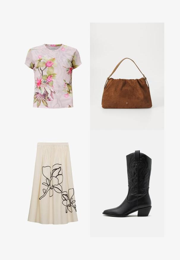 Korte mouw bloemetjestop van lichtgewicht stof. Heeft een roze en groene botanische print met levendige bloemen op een lichte achtergrond.; Crèmekleurige rok met zwarte bloemenborduursel, met een geraffineerde taille en een vloeiende uitstraling, gemaakt van een lichtgewicht stof.; Zwarte leren cowboylaars met een spitse neus, gegraveerde draaiende patronen en een halfhoge hak. Voorzien van een trekhaak voor gemakkelijk aan- en uittrekken.; Bruine suède handtas met een geplooid ontwerp, voorzien van een enkele tan kleur leren schouderband en een subtiele gouden logo-detail aan de voorkant.