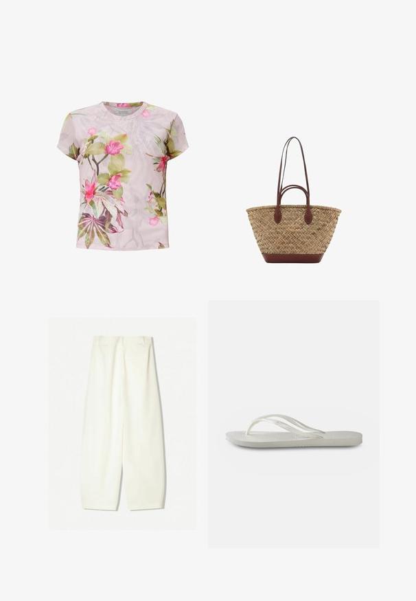 Lyhythihainen kukallinen paita kevyestä kankaasta. Ominaisuuksiin kuuluu vaalealla taustalla pinkki ja vihreä kasvituloste, jossa on eloisat kukat.; Kapeet, jotka ovat leveät ja valmistettu pehmeästä kermanvärisestä kankaasta, jossa on sileä pinta, etutaskut ja rento malli, keskiampuilla.; Valkoinen flip-flop, jossa on kuvioitu pohja, ohut hihnasto ja tasainen muotoilu. Valmistettu kumista ja siinä on hillitty logo jalkapohjassa.; Kudottu oljetikassi, jossa on punottu rakenne, tummanruskeat nahkakahvat ja pohja, leveä pyöreä muoto ja avoin ylhästä muotoilu.