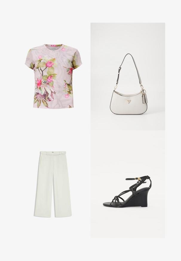 Kortærmet blomsterbluse i let stof. Har et pink og grønt botanisk print med livlige blomster på en lys baggrund.; Bredde bukser i lys cremefarvet stof, med sidelommer, flad front og en enkelt knaplukning i taljen. Glat tekstur.; Sorte kilehæle sandaler med tynde, krydset stropper og en justerbar ankelrem med en guldbuckle. Glat læderfinish.; Hvid tekstureret håndtaske med en buet form, guldfarvet hardware, en aftagelig rem og et logo-akcent. Inkluderer en nøglekædetag med branding.