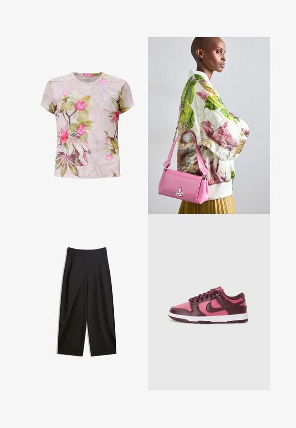 Korte mouw bloemetjestop van lichtgewicht stof. Heeft een roze en groene botanische print met levendige bloemen op een lichte achtergrond.; Zwarte wijde broek van soepel materiaal. Beschikt over een voorkant met plooi, een knoopsluiting en een op maat gemaakte tailleband voor een gestroomlijnde pasvorm.; Nike Dunk Low sneakers hebben een mix van donkerroze en bordeauxleren. Het ontwerp omvat een witte tussenzool en een geperforeerde neus voor ventilatie.; Gequilted bloemen bomberjack in groen, roze en beige; gecombineerd met een glanzende roze handtas met een kettingriem en logo hardware.