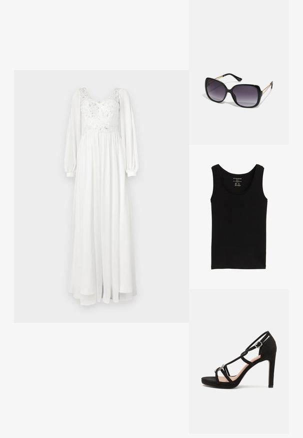 Melnā bezpiedurkņu blūze, izgatavota no organiskās kokvilnas, ar apaļu kakla izgriezumu un plecu siksnām. Gluda tekstūra ar taisnu apakšējo malu. Redzama izmēra S etiķete.; Garšīga balta kleita ar mežģīņu krūšu daļu un izšuvumiem, plāni garām puff piedurknēm un plūstošu svārku. Gluda tekstūra un viegls materiāls.; Melnas zamša augstpapēžu sandales ar krustveida siksnām, dekoratīvu sudraba krāsas akcentu un platformas zoli, lai nodrošinātu papildu augstumu.; Melni pārmērīgi lieli saulesbrilles ar gradāciju lēcām, biezām rāmja malām un zeltainas krāsas ķēžu detaļām uz tempļiem.; Sudraba metāla aploksne ar leņķveida dizainu, gludu tekstūru un kontrastējošu iekšējo krāsu, ko tur rokā, kas tērpta melnā mētelī.