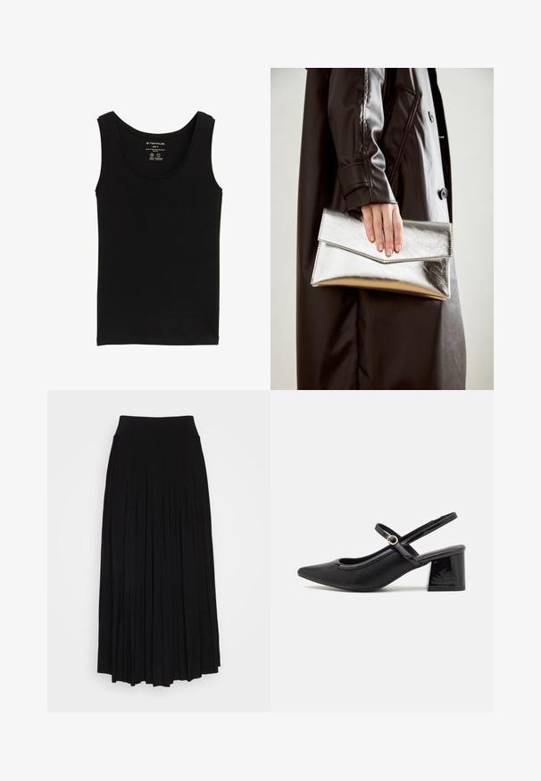 Schwarzes Tanktop aus Bio-Baumwolle, mit rundem Halsausschnitt und Schulterträgern. Glatte Textur mit geradem Saum. Größe S-Label sichtbar.; Schwarzer plissierter Rock mit breitem, dehnbarem Bund. Gefertigt aus weichem Stoff, mit vertikalen Falten für eine fließende Silhouette.; Schwarze Lackleder-Slingback-Absätze mit spitzer Zehenform, einem runden Ausschnitt-Design und einem Blockabsatz. Mit einem goldfarbenen Schnallenakzent.; Silberner metallischer Clutch mit einem eckigen Umschlagdesign, glatter Textur und kontrastierender Innenfarbe, gehalten in einer Hand, die einen schwarzen Mantel trägt.