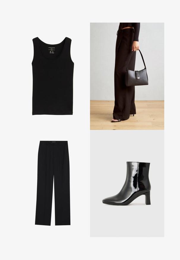 Black tank top made from organic cotton, featuring a round neckline and shoulder straps. Smooth texture with a straight hem. Size S label visible.; Black trousers with a straight-leg design, featuring two front pockets and a waistband. Made from a smooth, lightweight fabric.; Black patent leather ankle boot with a pointed toe and a mid-height block heel. Smooth texture and minimalist design.; Black handbag with structured shape, smooth texture, and a metallic clasp. Paired with wide black pants and open-toe sandals on wooden floor.