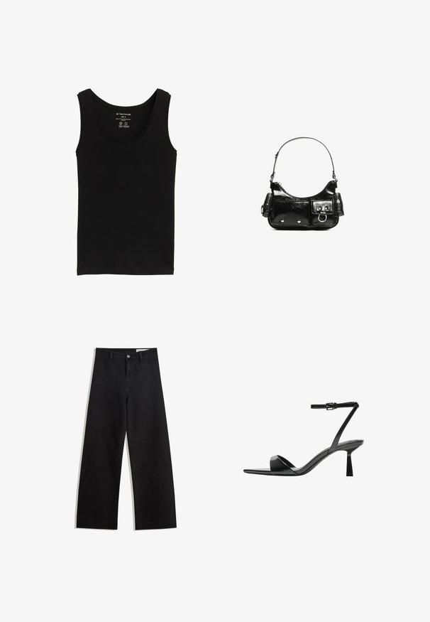 Sort tanktop lavet af økologisk bomuld, med rund halsudskæring og skulderstropper. Glat tekstur med ret kant. Størrelse S mærke synligt.; Sorte wide-leg denim bukser med høj talje, der har front- og baglommer, syede sømme og en knaplukning. Glat tekstur.; Bershka Højhælede sandaletter / Højhælede sandaler - black; Sort patenteret læder håndtaske med en buet form, en skulderrem, frontlommer og hardware accenter i sølvfarve.