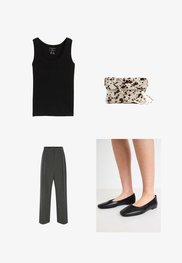 Schwarzes Tanktop aus Bio-Baumwolle, mit rundem Halsausschnitt und Schulterträgern. Glatte Textur mit geradem Saum. Größe S-Label sichtbar.; Graue, maßgeschneiderte Hosen mit hoher Taille, die Falten, einen weiten Beinabschluss und eine glatte Textur aufweisen. Mit einem dezenten Reißverschluss geschlossen.; Schwarze Ballettschuhe aus glattem Leder mit runder Zehenpartie und einer niedrigen, flachen Sohle, die ein einfaches Design ohne sichtbare Beschläge aufweisen.; Kuhfell-Handtasche mit einer cremefarbenen Basis und dunkelbraunen Flecken, rechteckiger Form, umklappbarem Deckel und abnehmbarem Schultergurt.