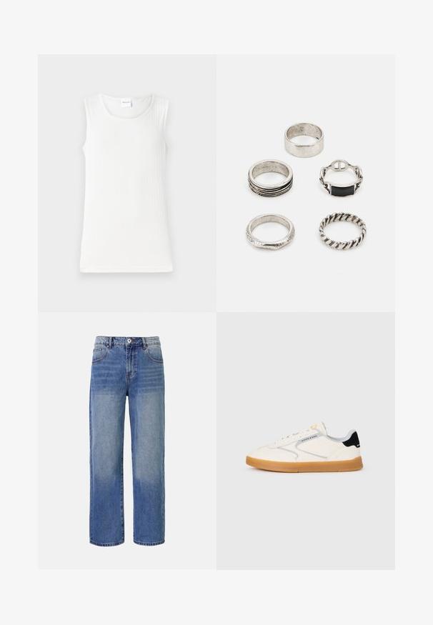 Vit ärmlös topp i ribbat material, med rundad halsringning och en figurnära silhuett med en slät yta.; Ljust blå denim byxor med vida ben och ett urtvättat mönster, fem fickor och dragkedjestängning. Har en knapp och bältesloopar i midjan.; Vita sneakers med texturerad läderöverdel, grå detaljer och en svart hälflik. Sula i gummigummi med diskret branding. Låg profil.; Set med fem silverringar i olika designer: slät ring, staplade ringar, tvinnad ring och en med en svart inläggning. Blandade texturer och ytor.
