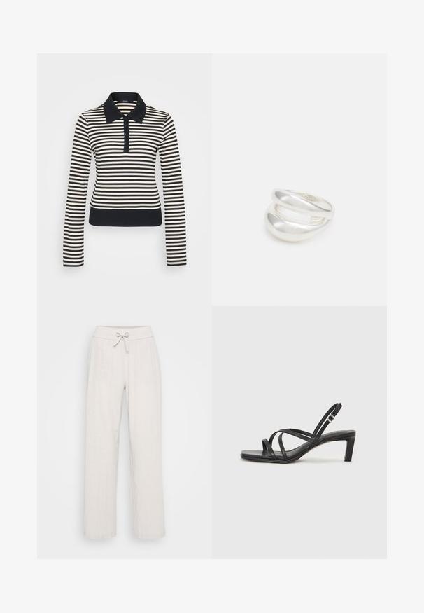 Randig långärmad pikétröja i krämfärgad och marinblå, med krage, knapplist och ribbade ärmslut och fåll.; Ljusbeiga linbyxor med vid bendesign, resårmidja och detaljer med knytning fram. Texturerat tyg ger visuell intresse.; Svart sandaler med remmar och fyrkantig tå samt låg blockklack. Har flera tunna remmar och en justerbar ankelrem. Tillverkad av mjukt läder.; Silver ring med dubbel band och en slät, polerad yta. Har en flödande, böjd design med överlappande sektioner för en modern stil.