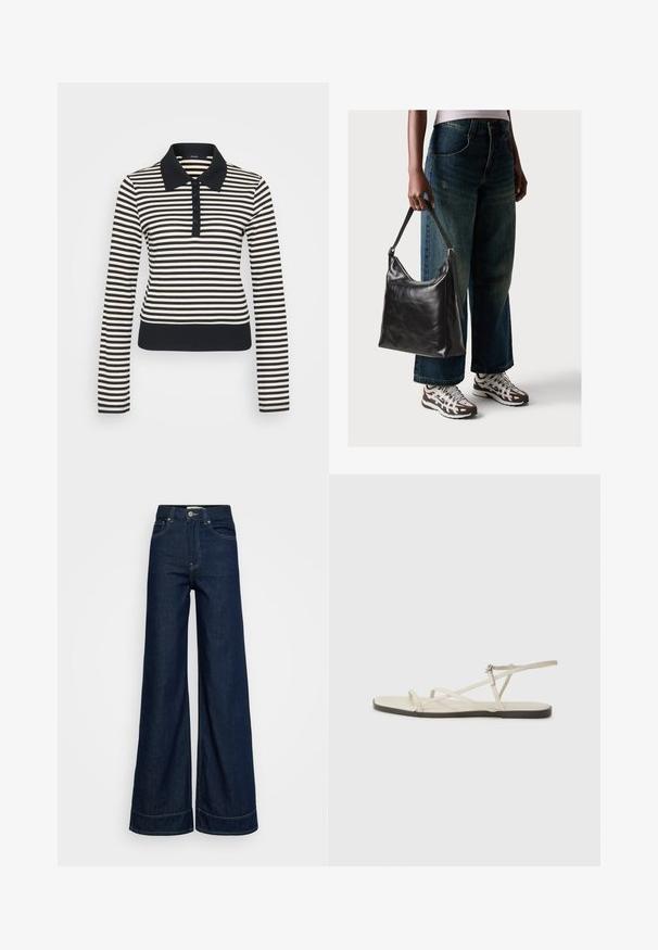 Pasiasta koszulka polo z długim rękawem w odcieniach kremowych i granatowych, z kołnierzykiem, zapięciem na guziki oraz ściągaczami przy mankietach i dole.; Ciemnoniebieskie, wysokie dżinsy o szerokich nogawkach z przednimi kieszeniami, szlufkami na pasek, zapięciem na guzik i widocznym przeszyciem na białym tle.; Beżowe płaskie sandały z wieloma cienkimi paskami i regulowanym zapięciem. Podeszwa jest płaska z delikatnym ciemnym kontrastem na krawędzi.; Czarna skórzana torba na ramię o gładkiej fakturze i regulowanym pasku, w zestawieniu z wyblakłymi dżinsami typu wide-leg i sportowymi butami.
