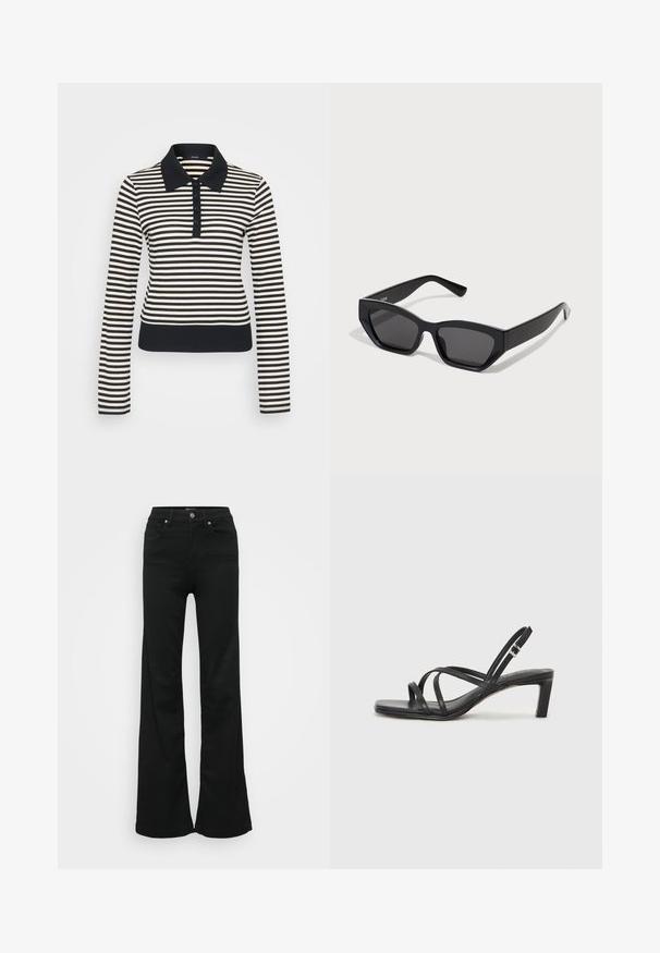 Prúžkovaná polokošeľa s dlhým rukávom v krémovom a námorníckom štýle, s golierom, zapínaním na gombíky a rebrovanými manžetami a spodným lemom.; Čierne rozšírené džínsy vyrobené z denimu, s vysokým pásom, piatimi vreckami a kovovým zapínaním. Hladká textúra s minimálnym zdobením.; Čierne sandále na vysokom podpätku so štvorcovou špičkou a nízkym blokovým podpätkom. Obsahujú viacero tenkých popruhov a nastaviteľný členkový popruh. Vyrobené z hladkej kože.; Čierne obdĺžnikové slnečné okuliare s hrubými rámami, tmavými sklami a ostrým dizajnom. Hladký plastový materiál bez viditeľných vzorov alebo akcentov.