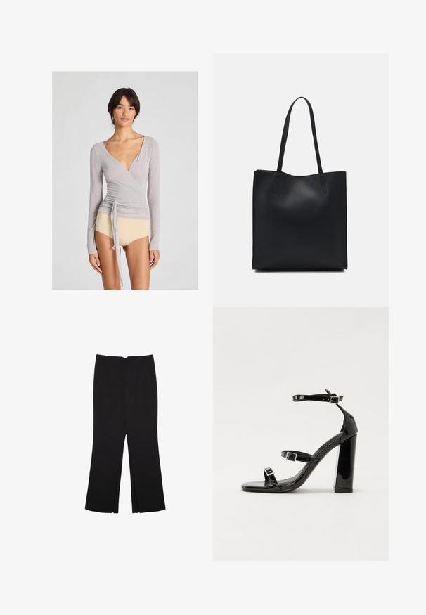 Siva dug nadjevni top s dugim rukavima od lagane tkanine s dubokim V-izrezom, s bočnom kravatom i uskim krojem, u kombinaciji s bež donjim dijelom.; Crne hlače ravnog kroja, s prednjim džepovima i bočnim prorezima na rubu. Izrađene od mekog i glatkog materijala. Pogodne za razne prigode.; Crne lakirane sandale na pete sa kvadratnim nosom, trakama oko gležnja i srebrnim kopčama. Imaju čvrst blok petu za stabilnost.; Crna kožna torba za nošenje s glatkom teksturom, pravokutnim oblikom i dvije duge ručke. Nema vidljivih metalnih dijelova ili ukrasa.