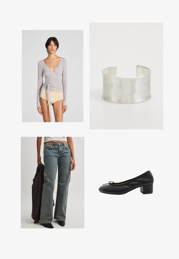 Grijze langmouwige wikkeltop van lichtgewicht stof met een diepe V-hals, voorzien van een zijstrik en een aansluitende snit, gecombineerd met beige onderkleding.; Lichtblauwe denim jeans met een relaxte pasvorm, met een middelhoge taille, zichtbaar stiksel en een klassieke vijf-pocket ontwerp. Zwarte schoeisel en een donker jack zijn ook aanwezig.; Zwarte leren pump met een ronde neus, klein strikje aan de voorkant en een vierkante blokhak. Gladde textuur met minimale ontwerpaccenten.; Zign Armband - silver-coloured