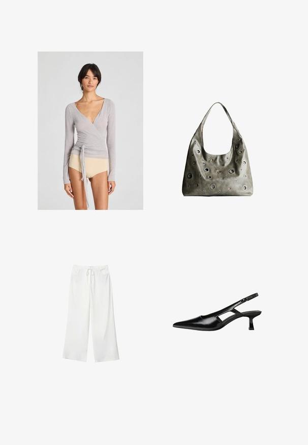 Harmaa pitkähihaisen kietaisupaita kevyestä kankaasta syvällä V-päällä, sivutuella ja tiukalla siluetilla, yhdistettynä beigeihin alaosiin.; Valkoiset leveälahkeiset housut pehmeästä kankaasta, jossa on kiristysnyöri vyötäröllä ja kaksi etutaskua. Sujuva rakenne ilman näkyviä kuvioita.; Mustat lakatut nahkakengät, joissa on viistopää, leikattu sivusuunnassa ja pieni neliökoroke. Sujuva pinta, jossa on minimaalinen koristelu.; Oliivinvihreä nahkalaukku, jossa on rento muotoilu, ja jossa on erilaisia kokoisia pyöreitä läpivientejä sekä tummempia ja vaaleampia yksityiskohtia.
