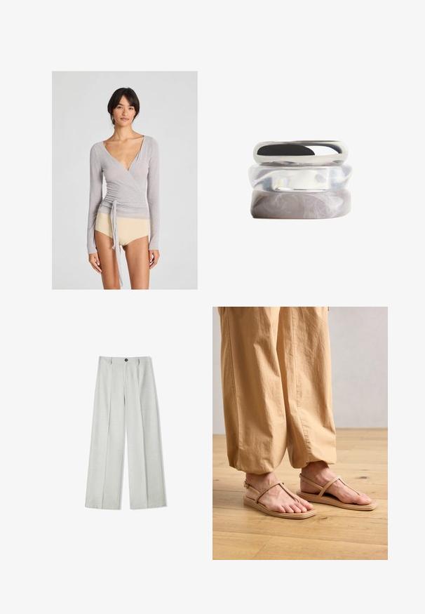 Szürke hosszú ujjú, könnyű anyagú, keresztbe csomózható felső, mély V-nyakkal, oldalt megkötővel és testhez simuló fazonnal, bézs alsóval párosítva.; Világosszürke, bő szabású nadrág textúrált anyagból, gombos záródással és két pliszszel elöl az extra részletesség érdekében.; Beige pántos szandál lapos talppal, minimalisták, keskeny pántokkal, laza, világos színű nadrággal párosítva, fából készült padlón.; Három egymásra helyezett gyűrű sima felülettel, amelyek közül az egyik egy ezüst színű fémgyűrű, a másik egy átlátszó gyűrű, a harmadik pedig egy márványos világosszürke gyűrű.