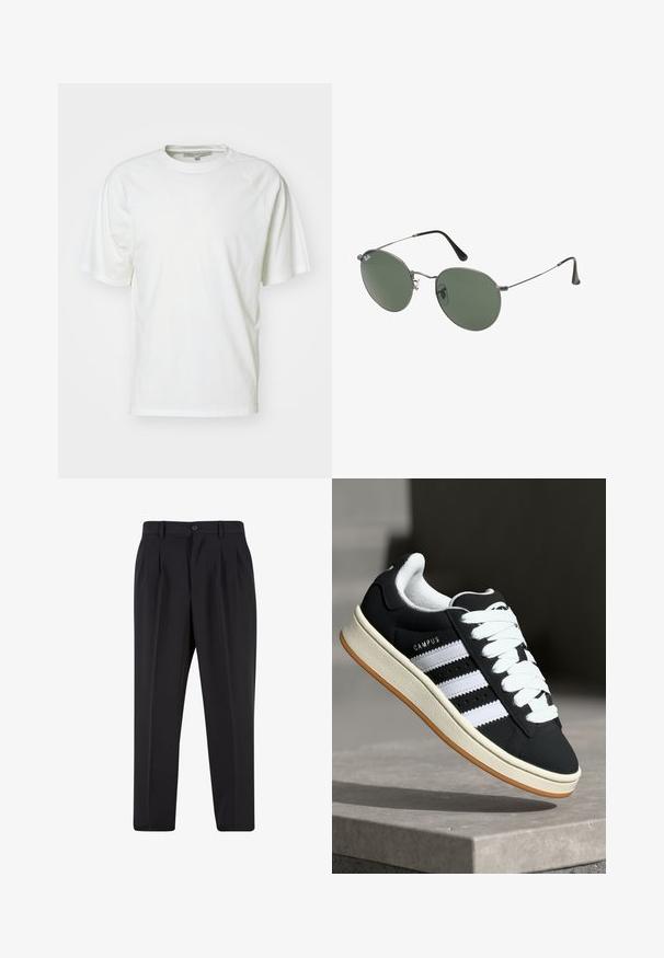 Hvit t-skjorte laget av myk bomull; har rund hals, korte raglanermer og en avslappet passform; minimalistisk design uten mønstre eller detaljer.; Sorte bukser med plisseret frontdesign, lavet af glat stof. Har knaplukning og bæltesløjfer; rett-bukser.; Svart joggesko med hvite striper, snøring, teksturert overdel og gummisåle. Har "CAMPUS"-logo på siden og gummisåle i brunfarge.; Metallinnrammede solbriller med ovale grønne linser. Tynn sølvfarget metallramme og svarte øreplugger. Minimalistisk design, ingen synlige logoer.