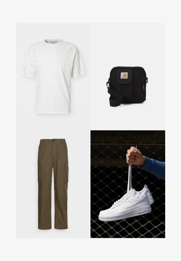 Hvid t-shirt lavet af blød bomuld; har en rund hals, korte raglanærmer og en afslappet pasform; minimalistisk design uden mønstre eller accenter.; Cargo bukser i olivengrøn, lavet af slidstærkt stof. Har to sidelommer, en standard talje og en lige ben design.; Hvide lædersneakers med perforeringer, rund tå, flad sål og tykke snørebånd, med et synligt swoosh-logo og "AIR" på hælen.; Sort crossbody taske med et lynlåset hovedrum, frontlomme, justerbar strop og et synligt logo patch på klappen.