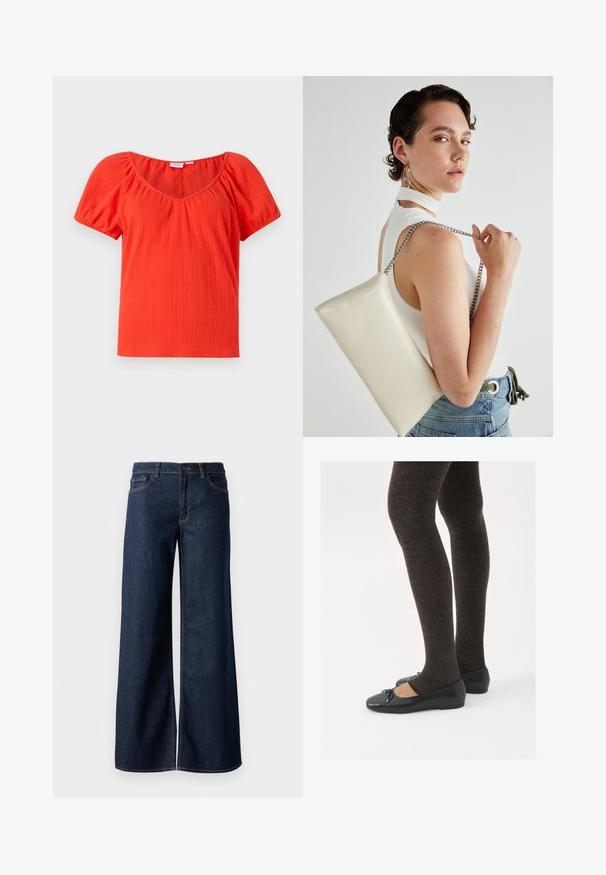 Rød ribbestrikket kortermet topp med vid utringning og sammenkrøllede pufferm, laget av et lett og teksturert stoff.; Vide benbukser i mørkeblå denim. Har kontrastsøm, fem lommer og en knaplukning i taljen. Glat tekstur.; Sorte flate sko med en liten sløyfedetalj på tåen, kombinert med mørkebrune ribbede strømpebukser. Skoene har en glatt overflate og lav profil.; Hvit rektangulær clutch-veske laget av blankt materiale, med en sølvkjede-stropp. Modellen poserer og viser vesken mot en ensfarget bakgrunn.