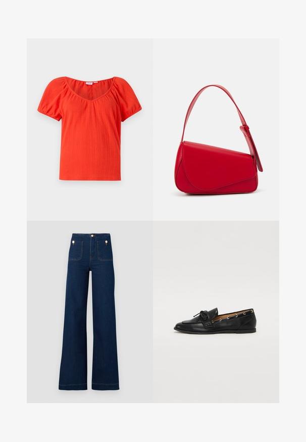 Top roșu cu dungi, cu mânecă scurtă și decolteu larg, cu mâneci puff strânse, realizat dintr-un material ușor și texturat.; Jeans largi de un albastru închis, cu talie înaltă, accente cu nasturi aurii, două buzunare în față și în spate, și detalii cu cusături contrastante. Material de denim texturat.; Mocasini din piele neagră cu fundiță legată, având accente aurii sub formă de ochiuri pe laterale și o talpă plată din cauciuc. Textură netedă, design clasic.; Geantă de mână din piele roșie, cu un design unghiular și geometric. Dispune de o singură curea ajustabilă și un sistem de închidere cu clapetă, cu detalii cusute.