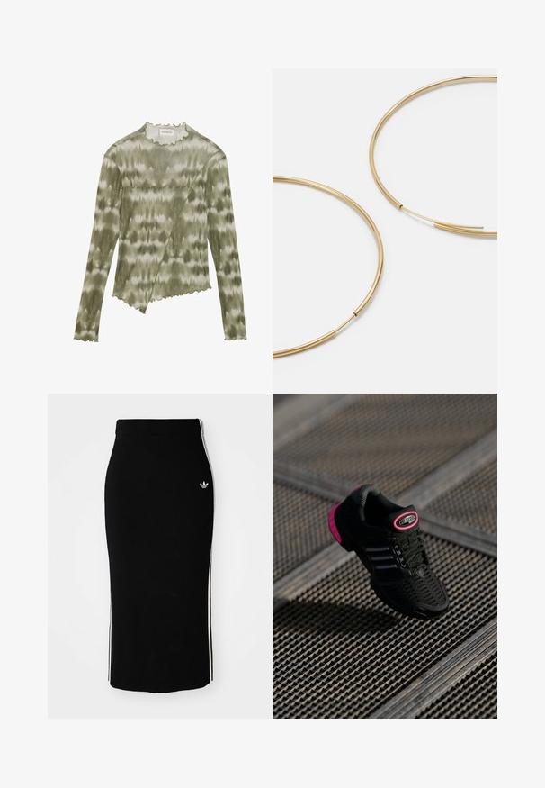 Langärmliges, grün gefärbtes Top mit einem gewellten Ausschnitt und Saum. Verfügt über eine diagonale Naht mit strukturierten Akzenten aus einem weichen, leichten Stoff.; Schwarzer, gerippter Midikleid mit einem taillierten Design, das weiße Seitenstreifen und ein kleines weißes Emblem auf der linken Seite aufweist.; Schwarzer Sportschuh mit Netzobermaterial, pinken Akzenten und schwarzen gestreiften Details. Verfügt über eine strukturierte Außensohle und ein Logo-Label an der Ferse.; Goldfarbene Ohrringe in Form von dünnen, runden Kreolen, mit einer glatten, metallischen Oberfläche und ohne Verzierungen oder Muster.