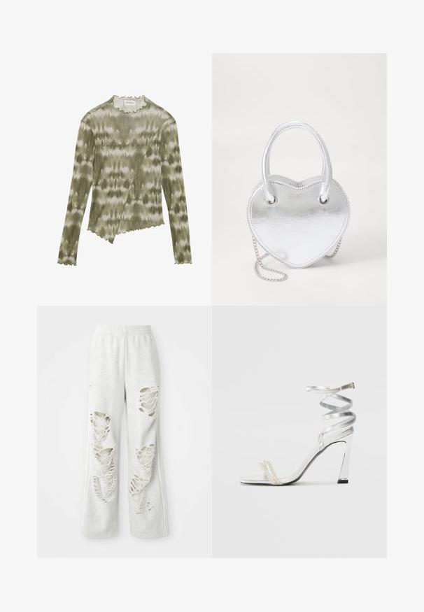 Pitkähiha, vihreä tikkikuvioinen paita, jossa on aaltoileva kaula-aukko ja helma. Ominaisuuksia ovat viistosauma ja tekstuuriset yksityiskohdat pehmeässä, kevyessä kankaassa.; Harmaat löysät collegehousut, joissa on useita kuluneita kohtia, pehmeä tekstuuri ja joustava vyötärö.; Hopea korkeakorkoinen sandaali, jossa on kiiltävä remmimuotoilu, helmiäisen kaltainen korostus ja kieputettu nilkkaremmi turvallista istuvuutta varten.; Hopeakimmeltä sydämenmuotoinen käsilaukku, jossa on kaksinkertaiset kahvat, ketjuhihna ja sileä pinta. Varustettu metalliosilla ja ommelluilla reunoilla.