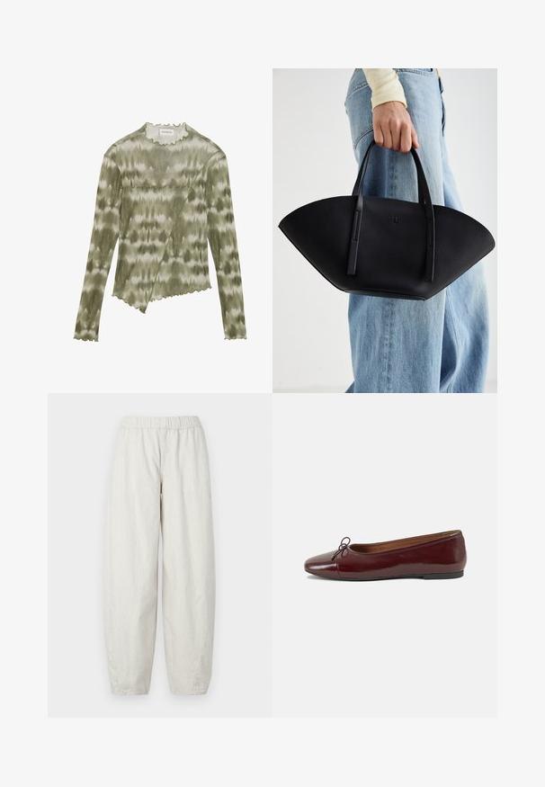 Cămașă cu mânecă lungă, de culoare verde, cu un model tie-dye și guler și tiv zimțat. Prezintă o cusătură diagonala cu accente texturate, confecționată dintr-un material moale și ușor.; Pantaloni din țesătură gri deschis, cu nervuri, cu un tiv elastic, având un design lejer, cu picioare largi pentru confort și libertate de mișcare.; Balerini din piele patent burgund cu vârful rotund, accent de fundiță mică în față și talpă joasă din cauciuc negru. Textură netedă.; Geantă de piele neagră cu o formă unică de evantai, având mânere plate. Suprafața are o textură cu mici granule și un design minimalist.