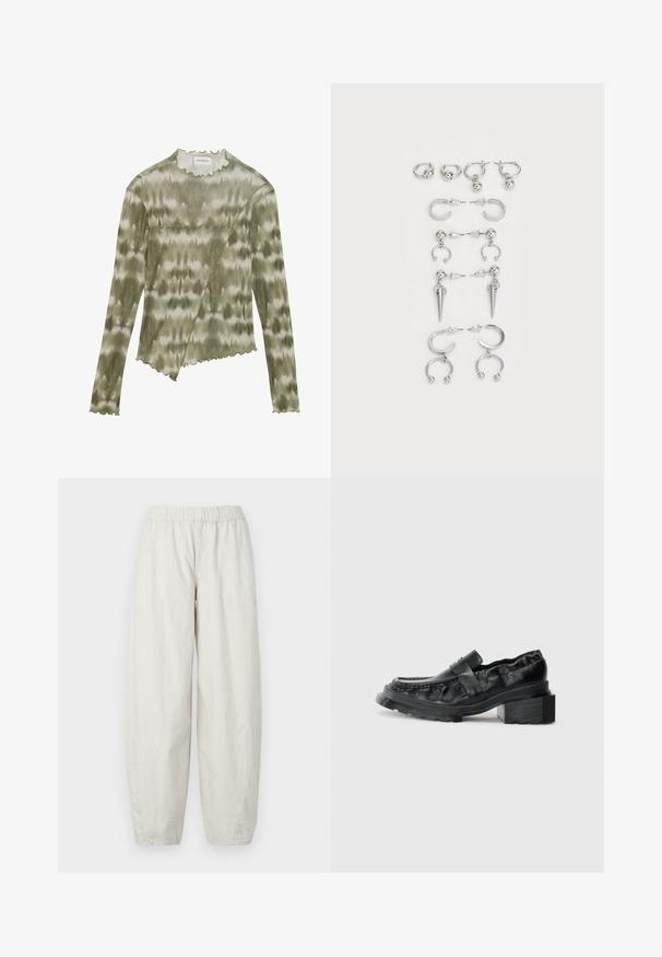 Długo rękawowy, zielony top w tie-dye z falbaniastym dekoltem i dołem. Posiada ukośny szew z teksturowanymi akcentami w miękkim, lekkim materiale.; Jasnoszare, prążkowane spodnie z elastycznym pasem, charakteryzujące się luźnym, szerokim krojem dla komfortu i swobody ruchów.; Czarne skórzane mokasyny z usztywnioną podeszwą, z lekko podniesionym obcasem w kształcie bloku i teksturowanym wierzchem, zapinane na przedni pasek.; Zestaw srebrnych kolczyków z różnymi wzorami: kółka, sztyfty i wiszące style, z kulistymi akcentami i spiczastymi elementami.