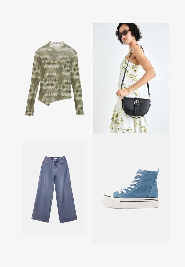 Long-sleeve, green tie-dye top with a scalloped neckline and hem. Features a diagonal seam with textured accents in a soft, lightweight fabric.; Wide-leg denim jeans in a light blue wash, featuring a high waist, front pockets, and a button closure with belt loops.; High-top sneakers made of light blue denim with white laces. Features a white platform sole with black stripes and a frayed ankle collar.; Black leather handbag with a curved shape, detachable strap, and gold hardware. The bag features a flap with a buckle detail.
