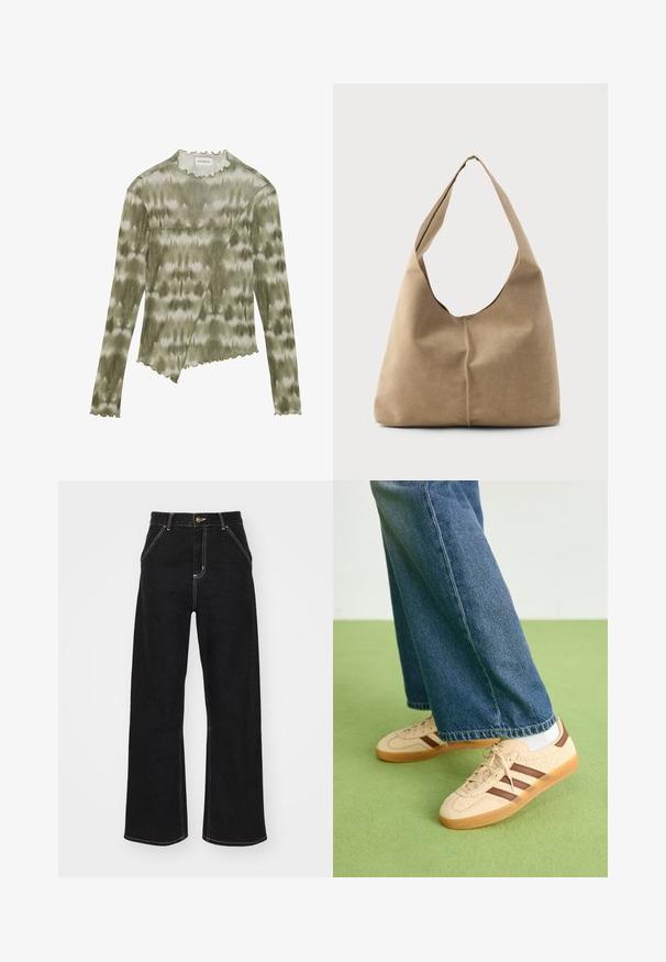 Long-sleeve, green tie-dye top with a scalloped neckline and hem. Features a diagonal seam with textured accents in a soft, lightweight fabric.; Black wide-leg jeans made of denim, featuring contrasting white stitching and a front button closure, with two angled front pockets.; Beige sneakers with textured cream panels and brown stripes, paired with blue denim jeans. The jeans have a wide leg and frayed hem.; Hobo bag in soft beige suede with a slouchy shape, wide shoulder strap, and a hand-stitched seam detail along the front.