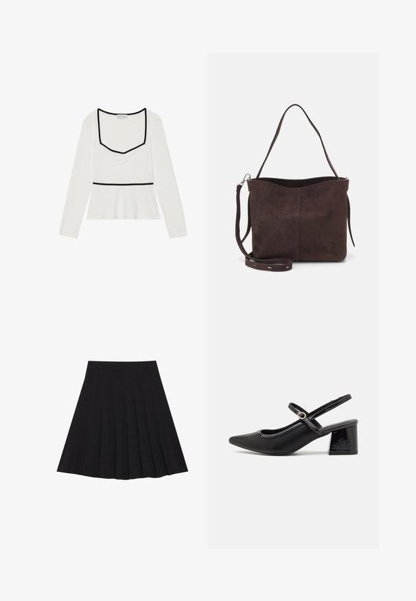 Biela dlhá rukávová blúzka so štvorcovým výstrihom, čiernym lemovaním, zberaným predným detailom a empire pásom. Hladká tkanina s miernym pružením.; Čierna plisovaná sukňa vyrobená z textúrovanej látky s priliehavým pásom. Padá do dĺžky po kolená a má hladký, čistý siluetu.; Čierne lakované kožené lodičky so slingback dizajnom, špicatou špičkou, zaobleným výrezom a blokovým podpätkom. Obsahuje akcent zlatého tónu s prackou.; Hnedá semišová taška s mäkkou textúrou, vybavená jedným ramenným popruhom a jemne zakriveným horným otvorom. Bez viditeľných hardvérových detailov.