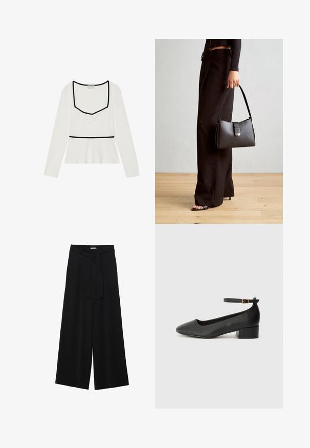 Bijela majica dugih rukava s kvadratnim izrezom, crnim obrubom, naboranim prednjim detaljem i empajer pojasom. Glatka tkanina s blagim rastezljivim svojstvima.; Crne široke hlače od teksturirane tkanine, s elastičnom pojasom i odvojivim remenom na struku za prilagodivo pristajanje.; Crne kožne pumpe s oštrim vrhom i niskom blok petom. Sadrže remen oko gležnja s zlatnim kopčanjem. Glatka tekstura.; Crna torba s oblikom koji sadrži strukturu, glađu teksturu i metalnu kopču. Uparena s širokim crnim hlačama i sandalama na otvorenom s drvenog poda.