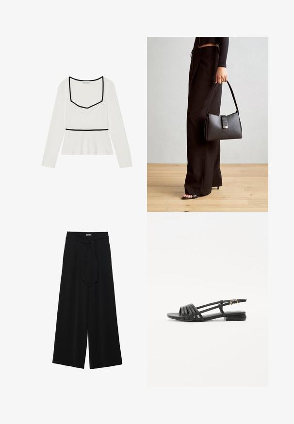 Valge pika varrukaga blouse, millel on ruudukujuline kaelus, must äär, kogutud esiosa ja impeeriumi vöökoht. Sile kangas, millel on kerge venitus.; Mustad laiad püksid, millel on tekstureeritud kangas, elastne vöökoht ja eemaldatav pael vööst, et reguleerida sobivust.; Mustad mustad sandaalid, millel on rihmaga disain, sisaldades mitmeid nahkrihmu ja peene pahkluu sangaga. Tald on lame ja ristkülikukujuline.; Must musta kott, millel on struktureeritud kuju, sile tekstuur ja metallist klamber. Kombineeritud laiate mustade pükstega ja avatud varvaste sandaalidega puidust põrandal.