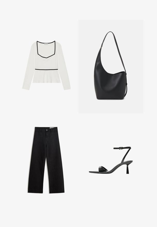 Valkoinen pitkähihainen paita, jossa on neliömäinen pääntie, musta reunus, rypytetty etuosa ja empire-linjainen vyötärö. Silkkinen kangas, jossa on hieman joustoa.; Mustat leveät farkut korkealla vyötäröllä, joissa on etu- ja takataskut, ommellut saumat ja nappisuljenta. Silkinoinen rakenne.; Bershka Korolliset sandaalit - black; Musta nahkainen hobo-laukku, jossa on sileä pinta, kaareva muoto ja yksi säädettävä olkahihna; sisäänkäynti on leveä ylhäältä.