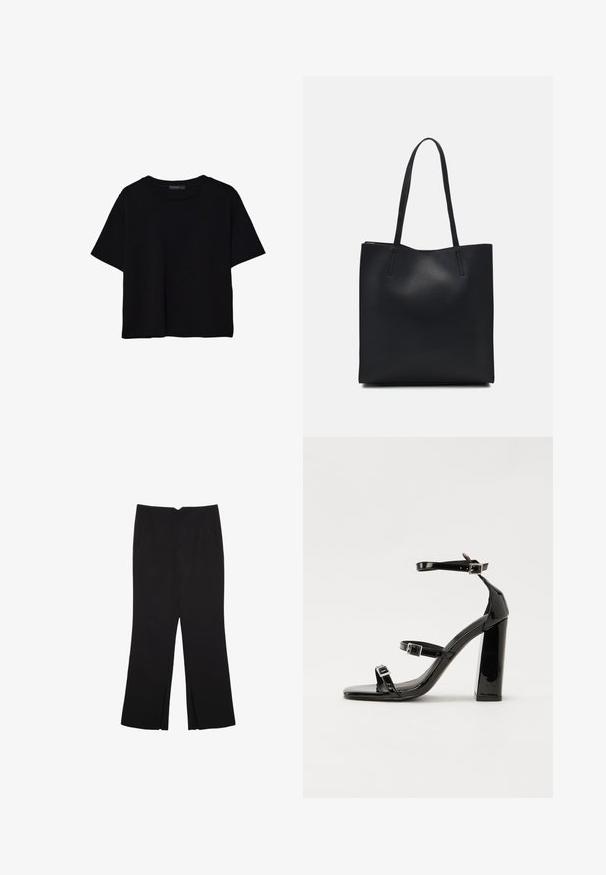 Black short-sleeve t-shirt made of cotton. Features a round neck and a loose fit with a smooth, plain texture. No visible patterns or accents.; Black trousers with a straight fit, featuring front pockets and side slits at the hem. Made of soft, smooth fabric. Suitable for various occasions.; Black patent heeled sandals with a square toe, ankle straps, and silver buckles. Features a chunky block heel for stability.; Black leather tote bag with smooth texture, rectangular shape, and two long handles. No visible hardware or embellishments.