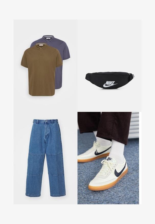 Due polo shirt in verde oliva e blu navy. Maniche corte, colletto classico, pattina con tre bottoni. Tessuto in cotone liscio.; Pantaloni in denim blu chiaro con vestibilità rilassata, dotati di due pannelli in tessuto distinti, chiusura frontale con bottone e gamba ampia.; Sneakers Nike in pelle bianca con swoosh blu navy, dotate di suola in gomma e lacci bianchi, abbinate a calzini bianchi a mezze gambe e pantaloni di velluto a coste scuri.; Marsupio nero in nylon con chiusura zip, caratterizzato da un grande logo Nike bianco. Texture liscia e design ergonomico per un'indossabilità confortevole.