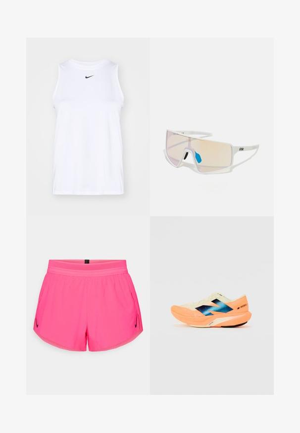Bela brezrokavna atletska majica iz gladkega materiala, s črnim Nike logotipom na prsih in stranskimi razpoki za lažje gibanje.; Roza športna kratka hlače z zračnim pasom, ki imata stranske žepke in majhen črn Nike logotip na levi strani. Gladka tkanina.; Tekšča za tek z lahkotnim kremnim zgornjim delom, modrim logotipom in oranžnimi poudarki na podplatu. Mrežasta tekstura za zračnost.; Sončne naočale s belim okviru in velikimi, gradientnimi lečami, ki prehajajo iz roza v svetlo oranžno, ter z modrim nosnim delom in logotipom.